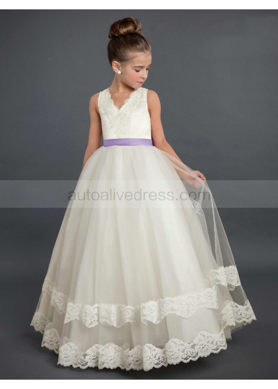 V Neck Ivory Lace Tulle V Back Ankle Length Flower Girl Dress